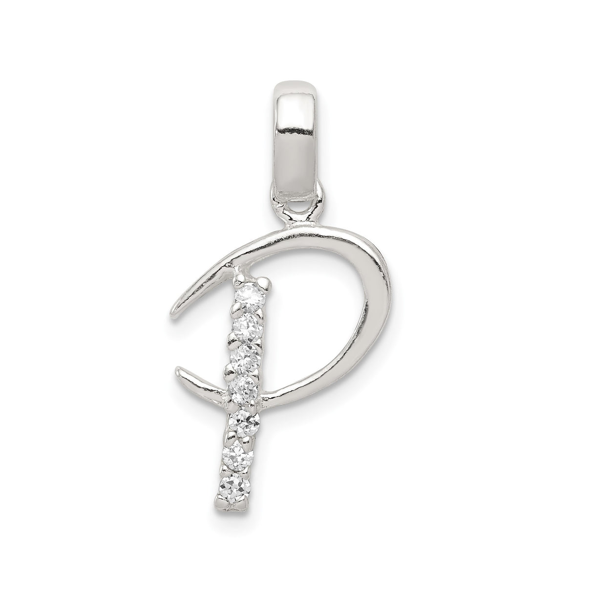 Sterling Silver Script Initial P Pendant with Cubic Zirconia Accents, Monogram Charm