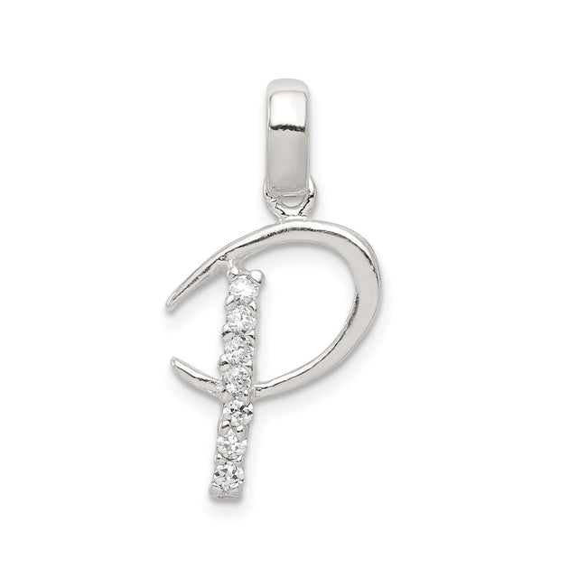 Sterling Silver Script Initial P Pendant with Cubic Zirconia Accents, Monogram Charm