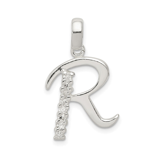 Sterling Silver R Pendant with Cubic Zirconia, Alphabet Initial Charm Jewelry