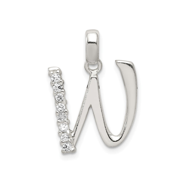 Sterling Silver W Initial Pendant with Cubic Zirconia, Alphabet Letter Charm for Women