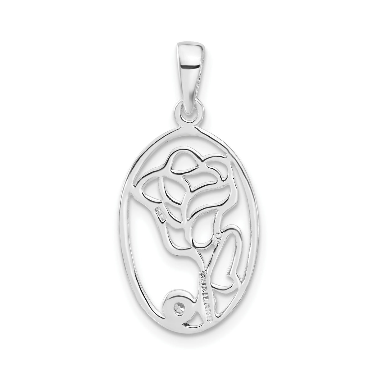 Sterling Silver Rose Pendant with Cubic Zirconia, Oval Floral Openwork Design for Women
