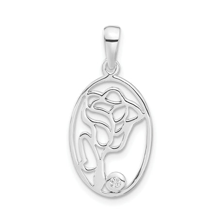 Sterling Silver Rose Pendant with Cubic Zirconia, Oval Floral Openwork Design for Women