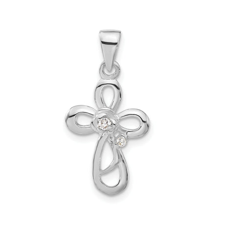 Sterling Silver Cross Pendant with Cubic Zirconia, Twisted Loop Design, Polished Finish