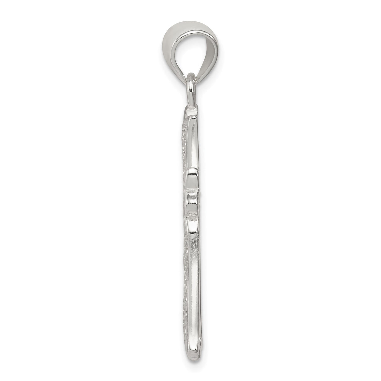Sterling Silver Stylized Beveled Cross Pendant with Swirl Pattern and Mirror Finish