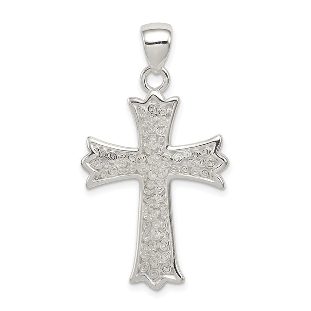 Sterling Silver Stylized Beveled Cross Pendant with Swirl Pattern and Mirror Finish