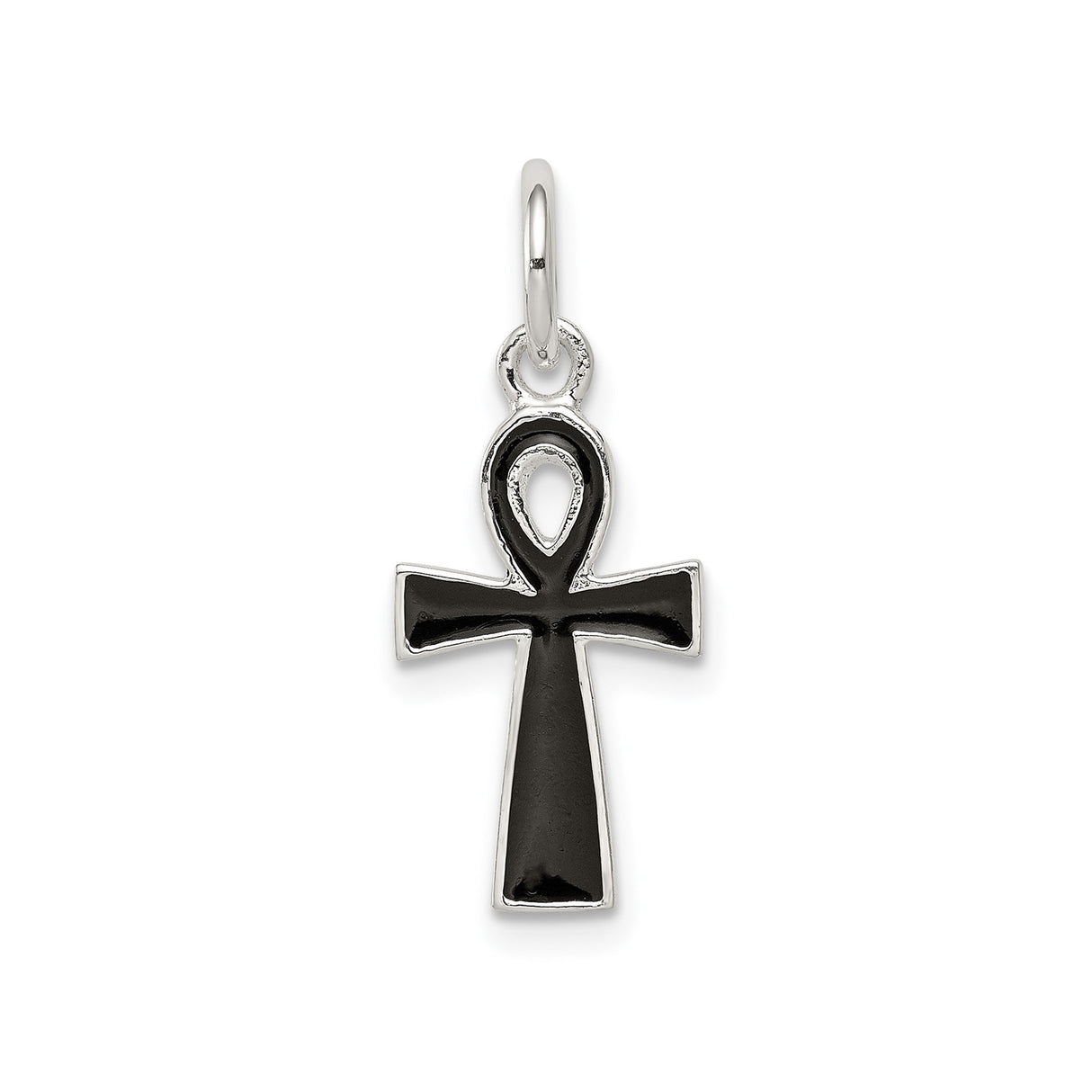Sterling Silver Ankh Cross Pendant with Black Enamel, Glossy Finish, Modern Spiritual Design