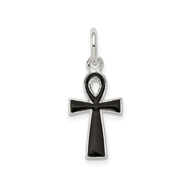 Sterling Silver Ankh Cross Pendant with Black Enamel, Glossy Finish, Modern Spiritual Design