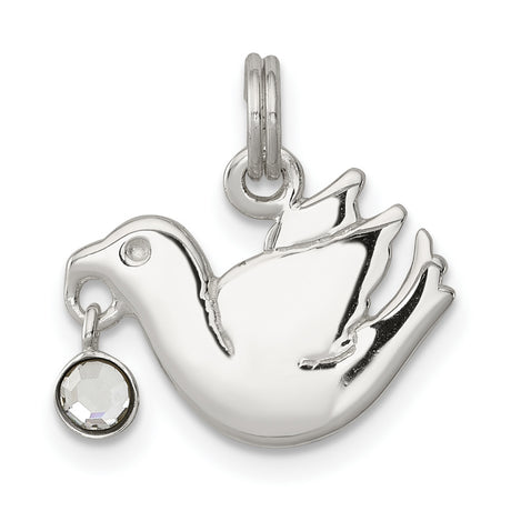 Sterling Silver Dove Pendant Charm with Cubic Zirconia, Flying Bird Symbol of Peace and Faith