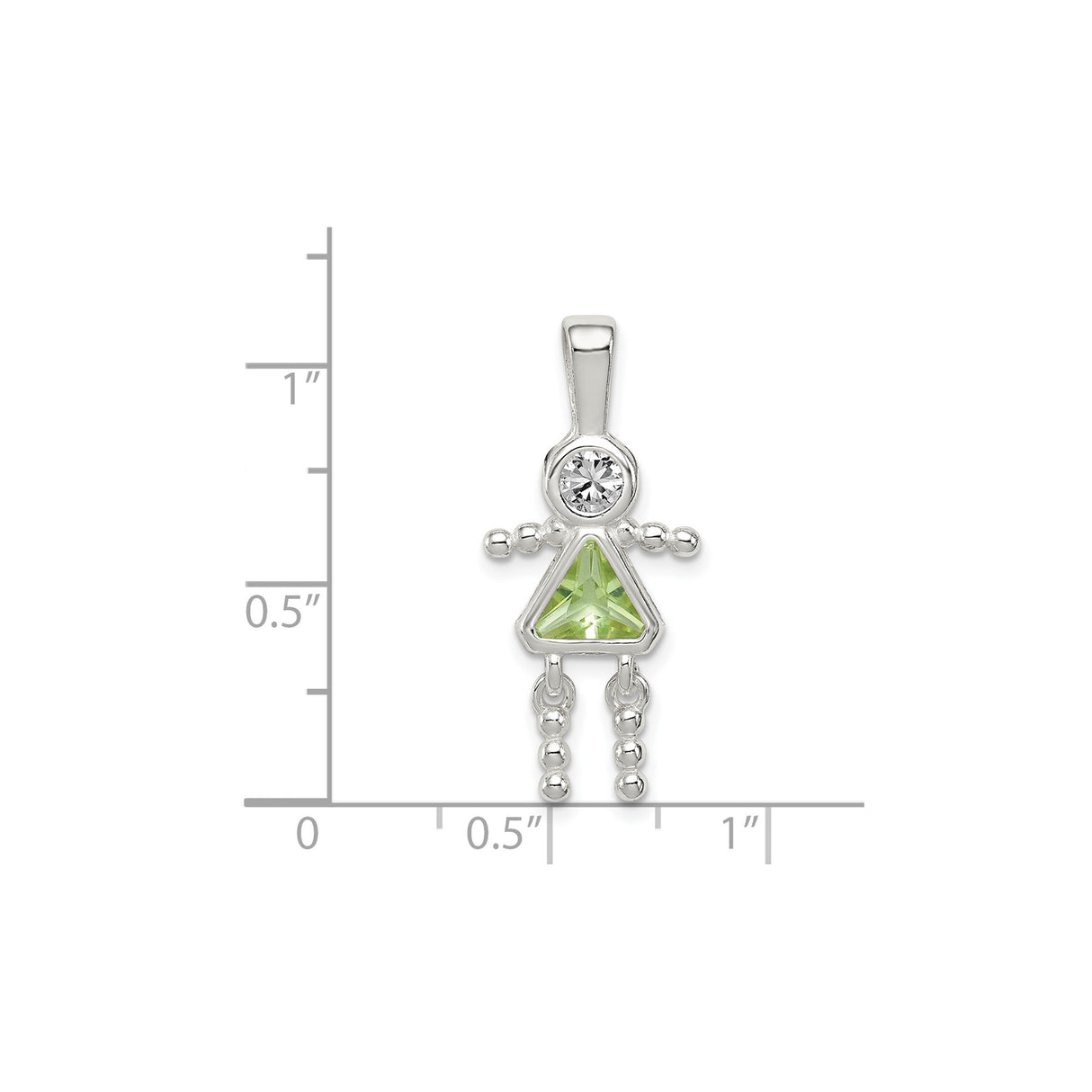 Sterling Silver Girl Pendant with Clear Round and Green Triangular Synthetic Birthstones