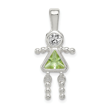 Sterling Silver Girl Pendant with Clear Round and Green Triangular Synthetic Birthstones
