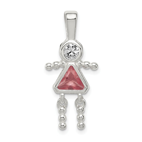 Sterling Silver Girl Pendant with Pink Triangle Synthetic Birthstone and Clear Glass Accent