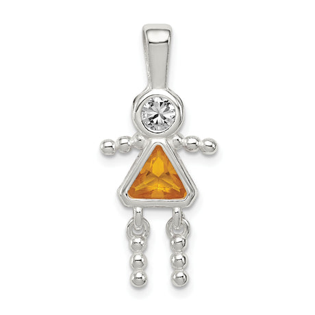 Sterling Silver Girl Shaped Pendant with Cubic Zirconia and Amber Glass Gemstones
