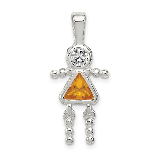 Sterling Silver Girl Shaped Pendant with Cubic Zirconia and Amber Glass Gemstones
