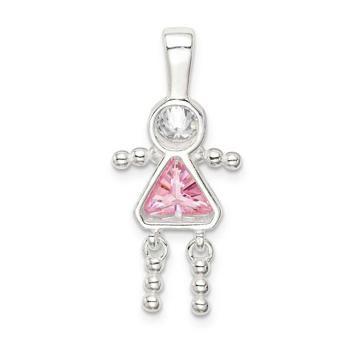 Sterling Silver Girl Pendant with Pink Triangular Synthetic Birthstone Dress and Clear Round Head Stone