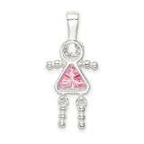Sterling Silver Girl Pendant with Pink Triangular Synthetic Birthstone Dress and Clear Round Head Stone