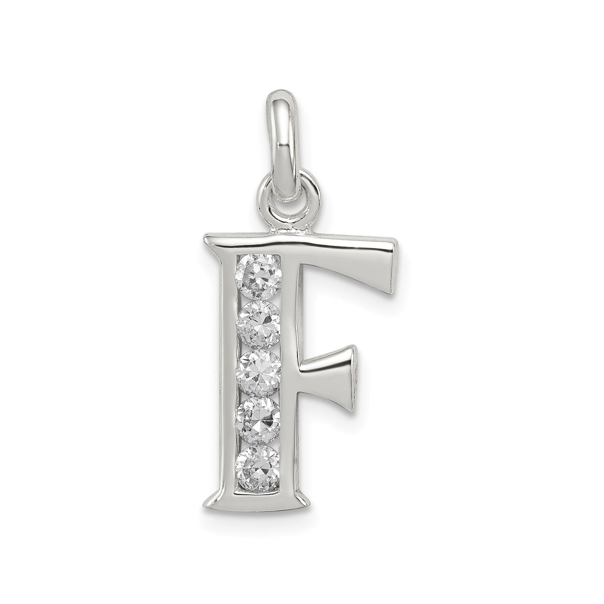 Sterling Silver F Initial Pendant with Cubic Zirconia, Letter Charm, Dainty Polished Design