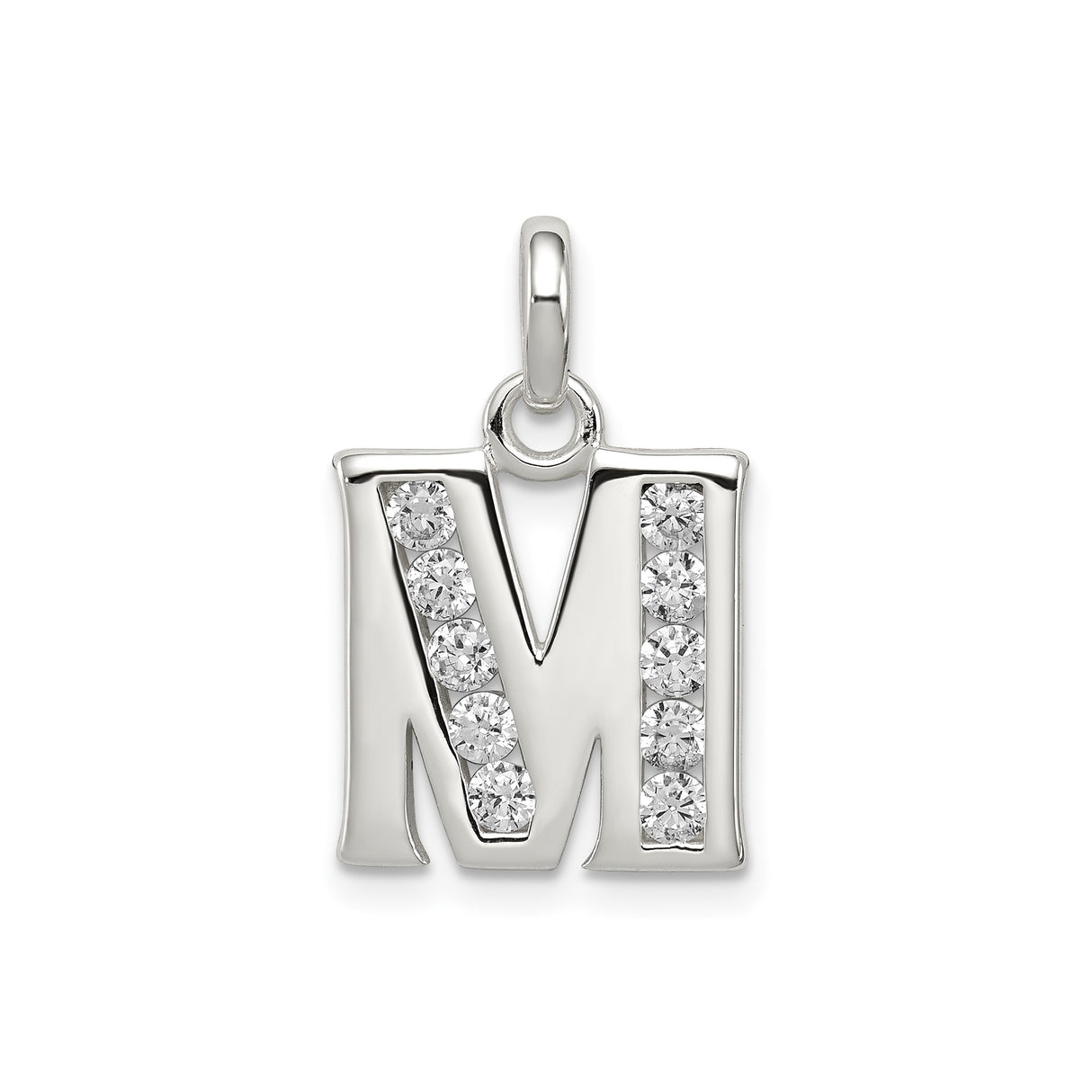 Sterling Silver Initial M Pendant with Cubic Zirconia, Modern Letter Charm for Women or Unisex Wear