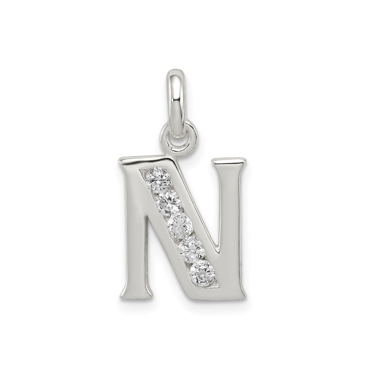 Sterling Silver Initial N Pendant with Cubic Zirconia, Polished Alphabet Letter Charm for Women