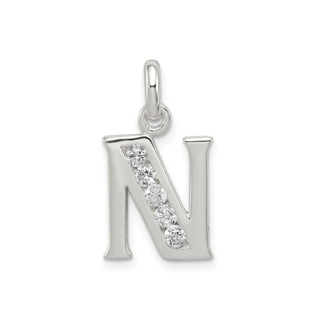 Sterling Silver Initial N Pendant with Cubic Zirconia, Polished Alphabet Letter Charm for Women