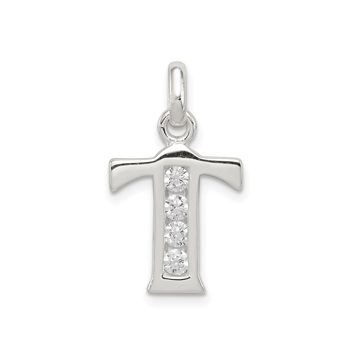 Sterling Silver Initial T Pendant with Cubic Zirconia, Polished Alphabet Letter Charm
