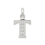 Sterling Silver Initial T Pendant with Cubic Zirconia, Polished Alphabet Letter Charm