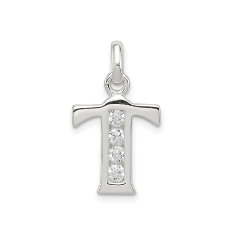 Sterling Silver Initial T Pendant with Cubic Zirconia, Polished Alphabet Letter Charm