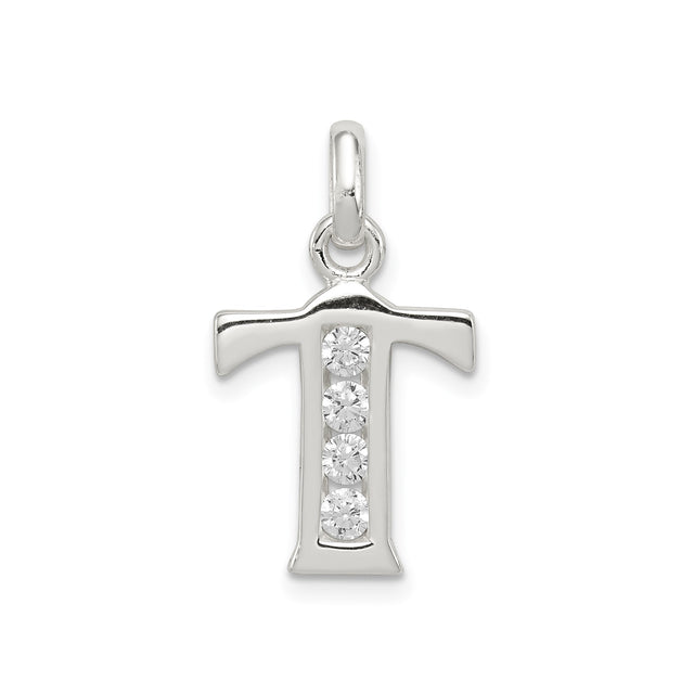 Sterling Silver Initial T Pendant with Cubic Zirconia, Polished Alphabet Letter Charm