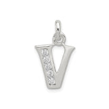 Sterling Silver Letter V Pendant with Cubic Zirconia, Polished Initial Charm for Women