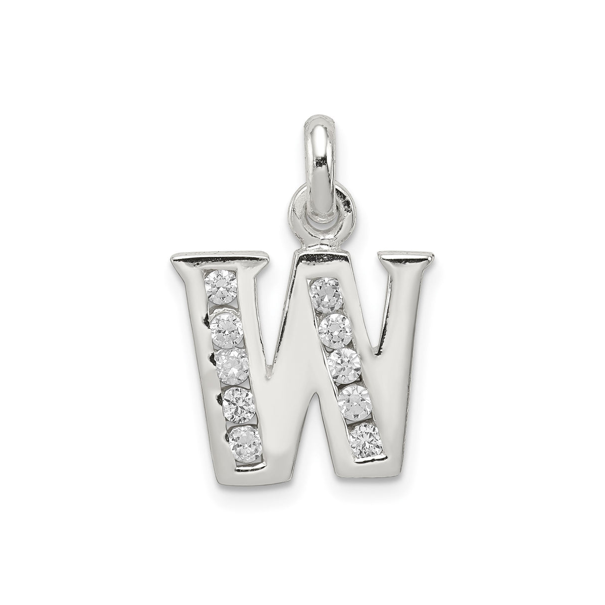 Sterling Silver Initial W Pendant with Cubic Zirconia, Block Letter Monogram Charm