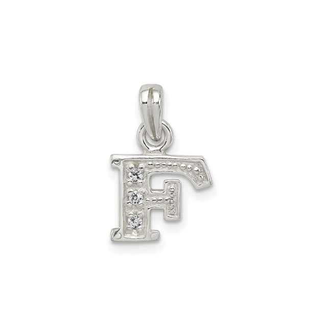 Sterling Silver Letter F Pendant Charm with Cubic Zirconia and Beaded Detailing