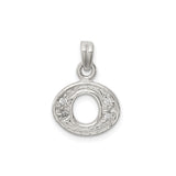 Sterling Silver Oval Pendant with Open Center, Floral Texture, Cubic Zirconia, Nature Inspired