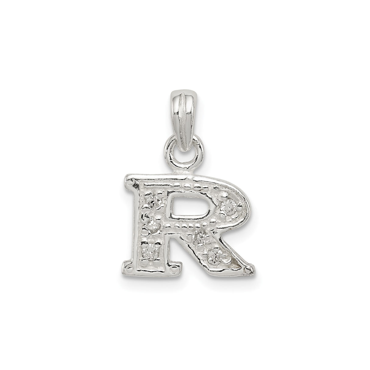 Sterling Silver R Pendant with Cubic Zirconia, Textured Uppercase Letter Charm for Women and Men