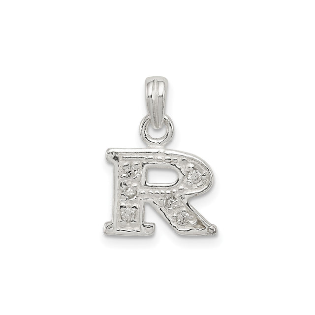 Sterling Silver R Pendant with Cubic Zirconia, Textured Uppercase Letter Charm for Women and Men