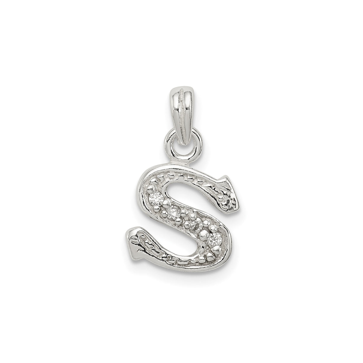Sterling Silver Letter S Pendant with Cubic Zirconia, Textured Initial Charm for Women