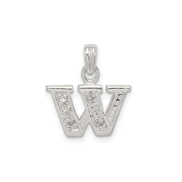Sterling Silver W Pendant with Cubic Zirconia, Diamond-Cut Accents, Initial Letter Charm