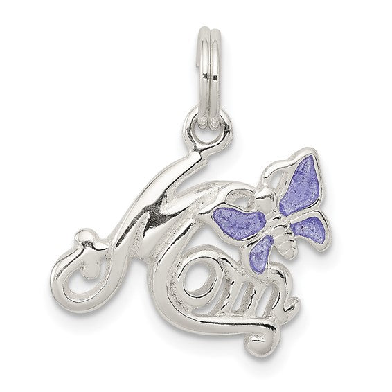 Sterling Silver Mom Pendant Charm with Purple Enamel Butterfly Accent, Script Design