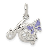 Sterling Silver Mom Pendant Charm with Purple Enamel Butterfly Accent, Script Design