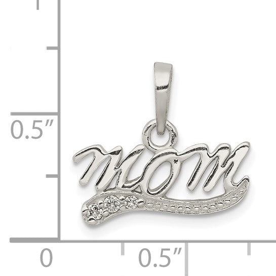 Sterling Silver Mom Pendant with Cubic Zirconia, Cursive Script Family Jewelry for Women