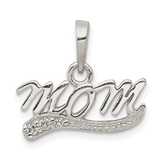 Sterling Silver Mom Pendant with Cubic Zirconia, Cursive Script Family Jewelry for Women