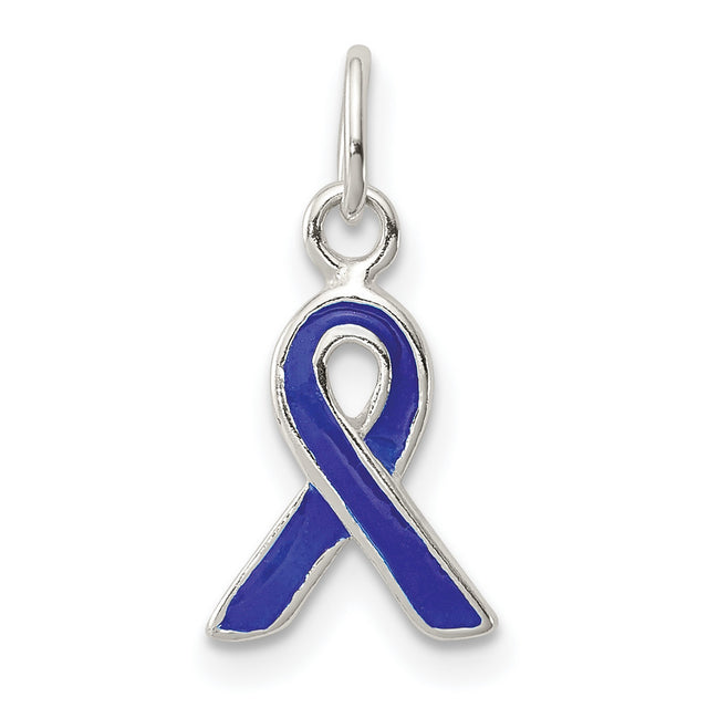 Sterling Silver Awareness Ribbon Pendant with Blue Enamel, Support Symbol for Colon Cancer or Advocacy