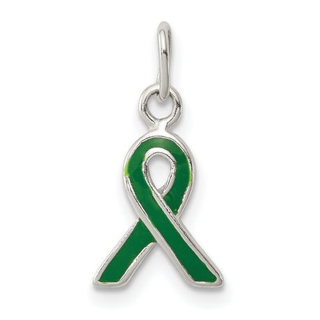 Sterling Silver Awareness Ribbon Pendant with Green Enamel for Mental Health and Organ Donation