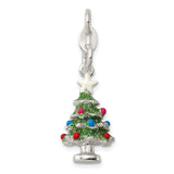 Sterling Silver Christmas Tree Charm with Green Enamel and White Star, Holiday Pendant