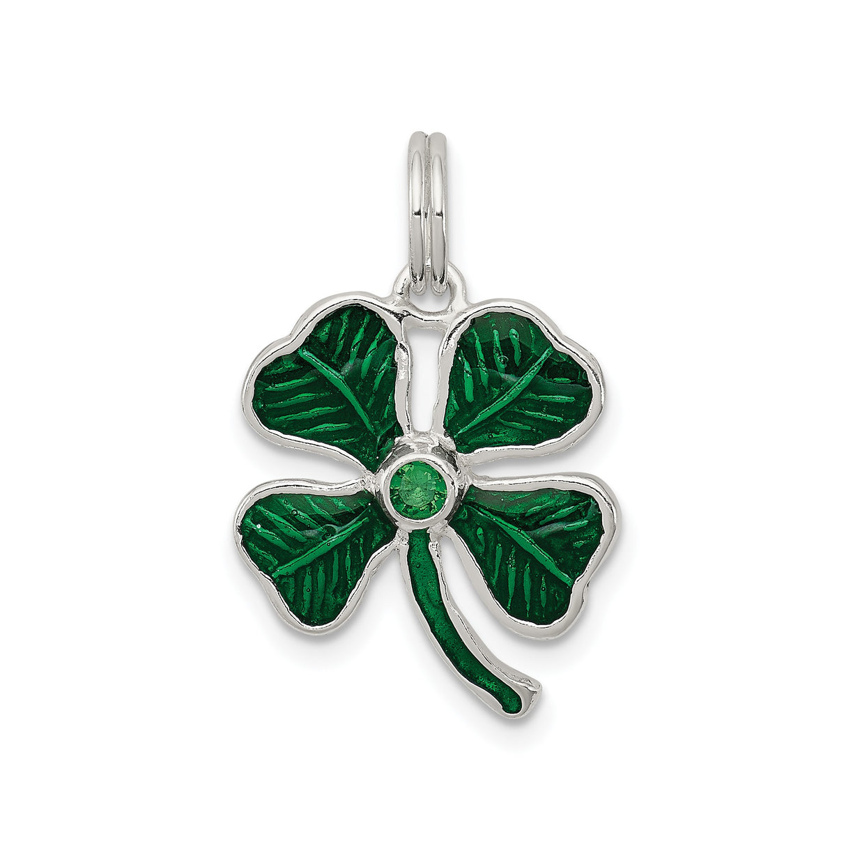 Sterling Silver Four-Leaf Clover Pendant with Green Enamel, Irish Shamrock Charm