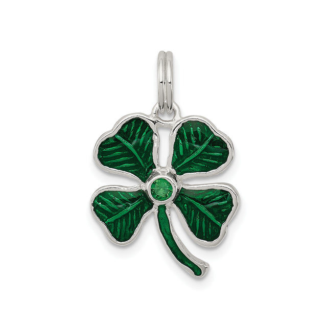 Sterling Silver Four-Leaf Clover Pendant with Green Enamel, Irish Shamrock Charm