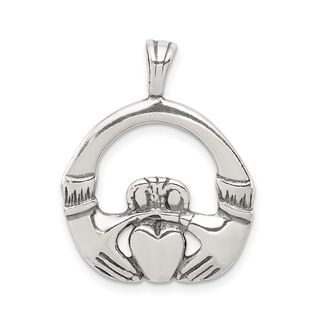Sterling Silver Claddagh Pendant with Heart, Crown, and Hands, Celtic Irish Symbol