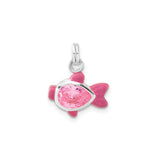 Sterling Silver Fish Charm Pendant with Pink Cubic Zirconia and Enamel Details
