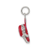Sterling Silver Charm with Cubic Zirconia, Red Enamel Hat and Silver Bow, Fashion Accessory for Women