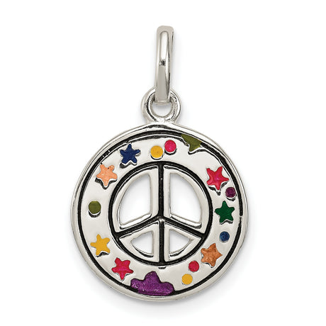 Sterling Silver Peace Sign Pendant with Colorful Enamel Stars, Boho Hippie Style for Women or Teens