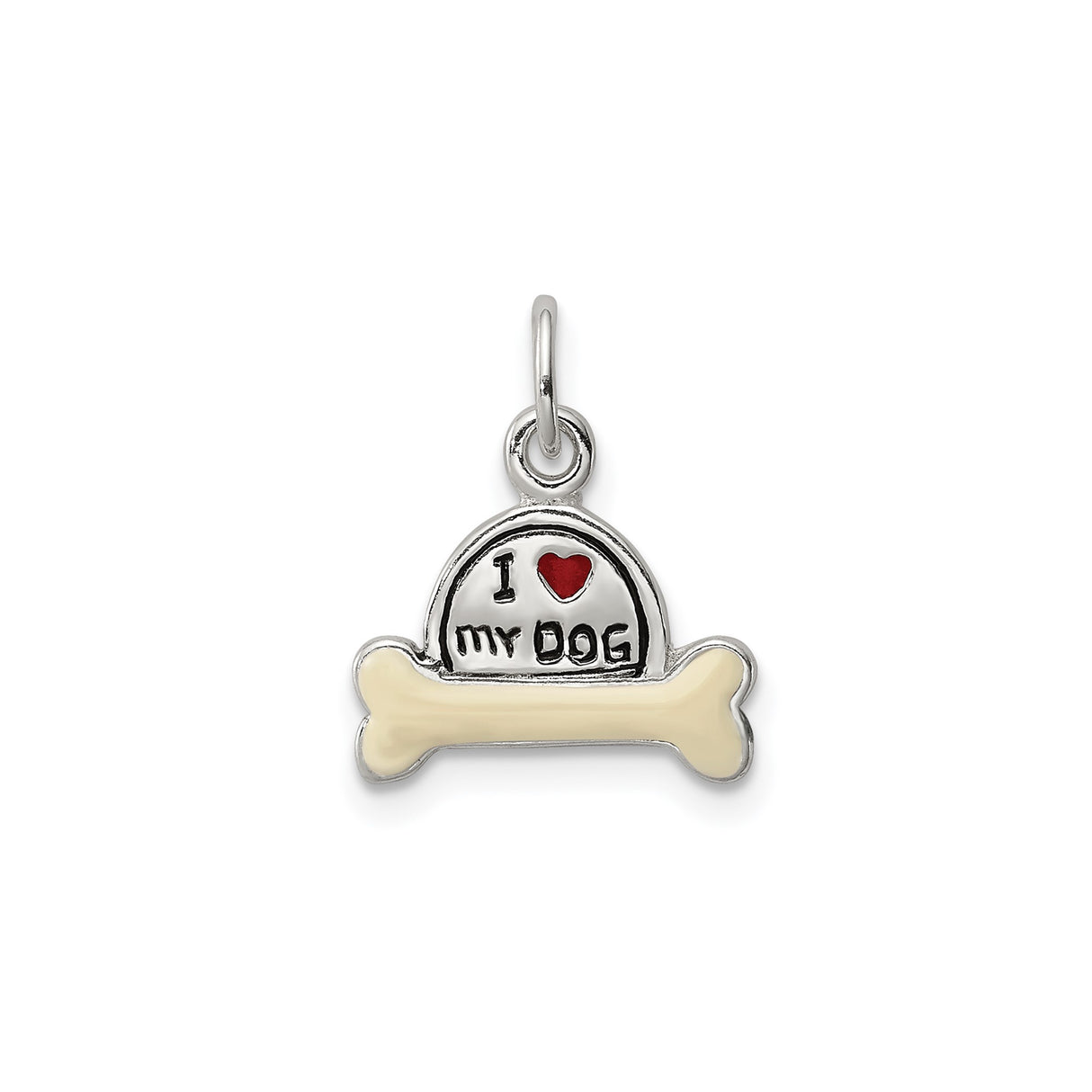 Sterling Silver Dog Bone Pendant with Enamel Accents, I Love My Dog Charm