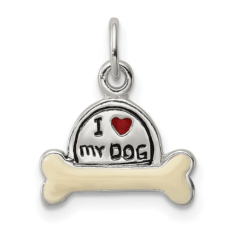 Sterling Silver Dog Bone Pendant with Enamel Accents, I Love My Dog Charm